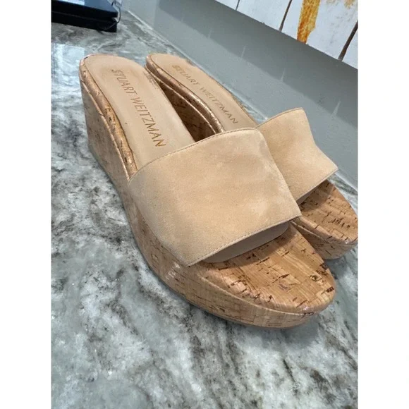 Stuart‎ Weitzman Summer Wedge platform slide sandals beige suede cork size 10B - Picture 4 of 10